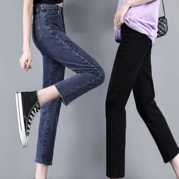 NiDELL Blue Gray Jeans Women's Straight Loose Korean Style Autumn and Winter High Waist Slimming All-Matching Stretch Slim Fit Ankle-Length Cigarette Pants