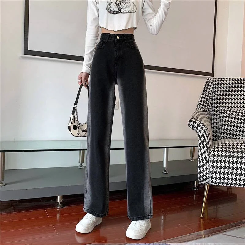 NiDELL Contrast Color Gradient Wide Leg Jeans for Women . New Summer Design Sense Niche High Waist Straight Mop Pants