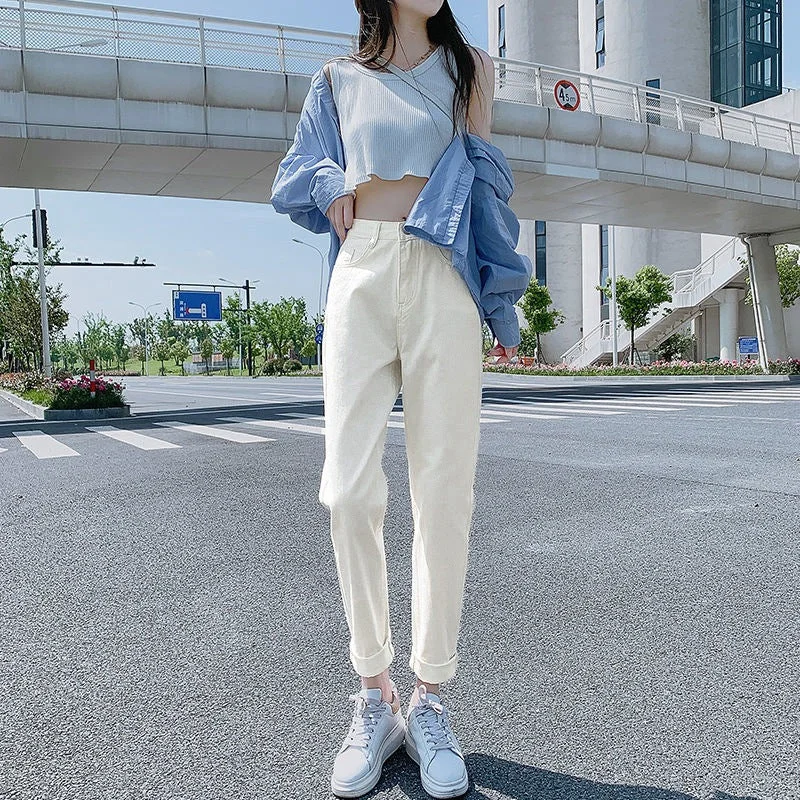 NiDELL Daddy Jeans Women Loose . New Autumn Slimming Retro High Waist Cropped Straight Tappered Harem Pants