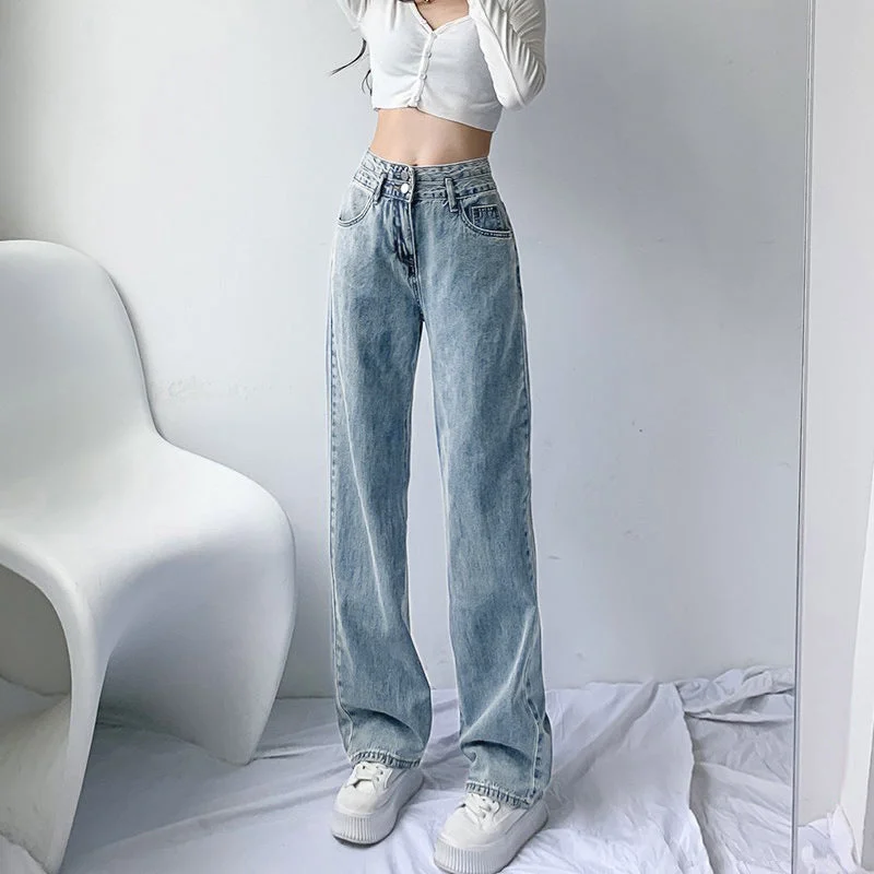 NiDELL Denim Vibe Style Wide-Leg Pants Women's Summer Ultra High Waist Double Buckle Loose Drooping Retro Thin Straight Mop Pants