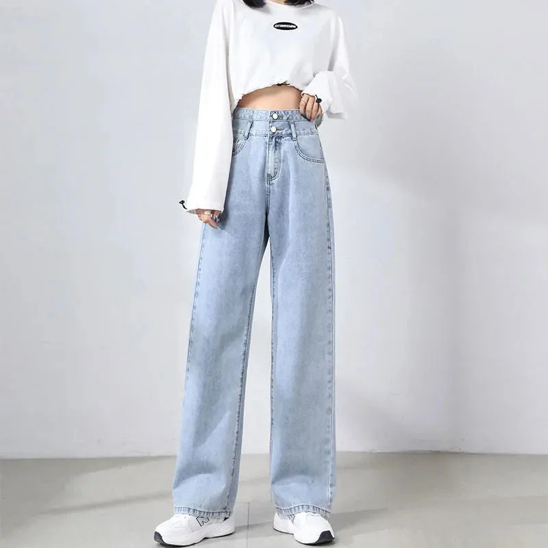 NiDELL Double Buckle Straight Jeans Women's Fashion Niche Super High Waist Internet-Famous and Vintage Mopping All-Match Casual Wide-Leg Pants