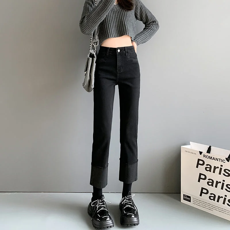 NiDELL Flanging Small Straight-Leg Jeans Female Online Influencer Korean Style Slim-Fit Retro High Waist Stitching Design Stretch Cigarette Pants Summer