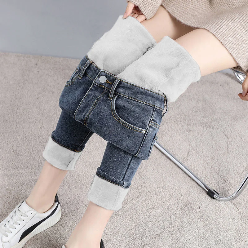 NiDELL Fleece-Lined Thick Jeans Women's High Waist . Autumn and Winter New Korean Style Pencil Tight and Warm Ladies Tappered Pants