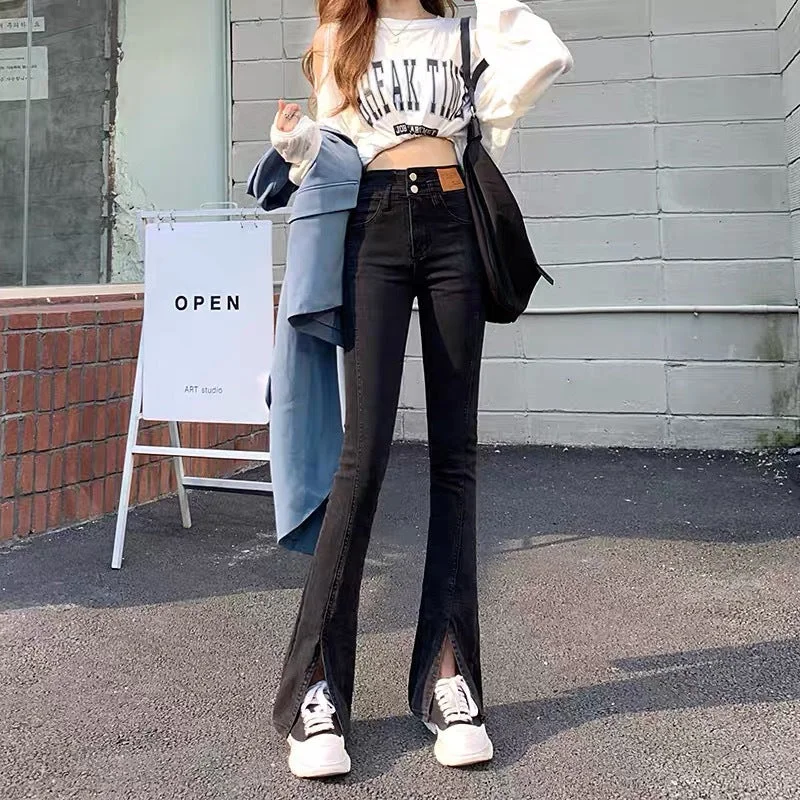 NiDELL Front Slit Skinny Jeans for Women Spring/Summer . New Stretch High Waist Tight Slimming Mopping Flared Pants