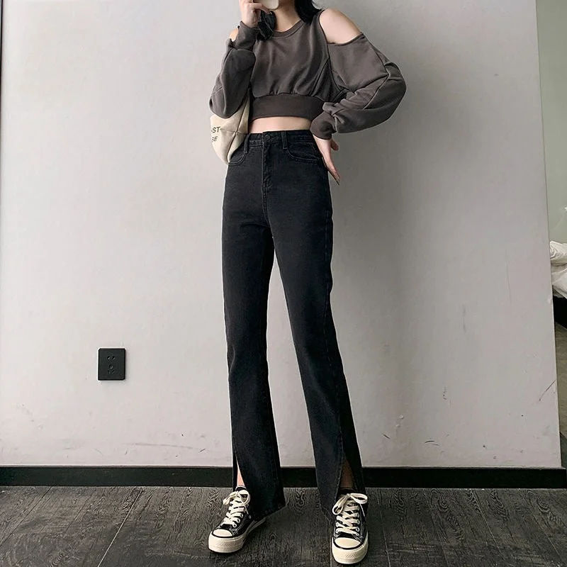 NiDELL High Waist Black Skinny Slimming Split Jeans Women Korean Style New Stretch Fitted Boot-Cut Straight Mopping Pants