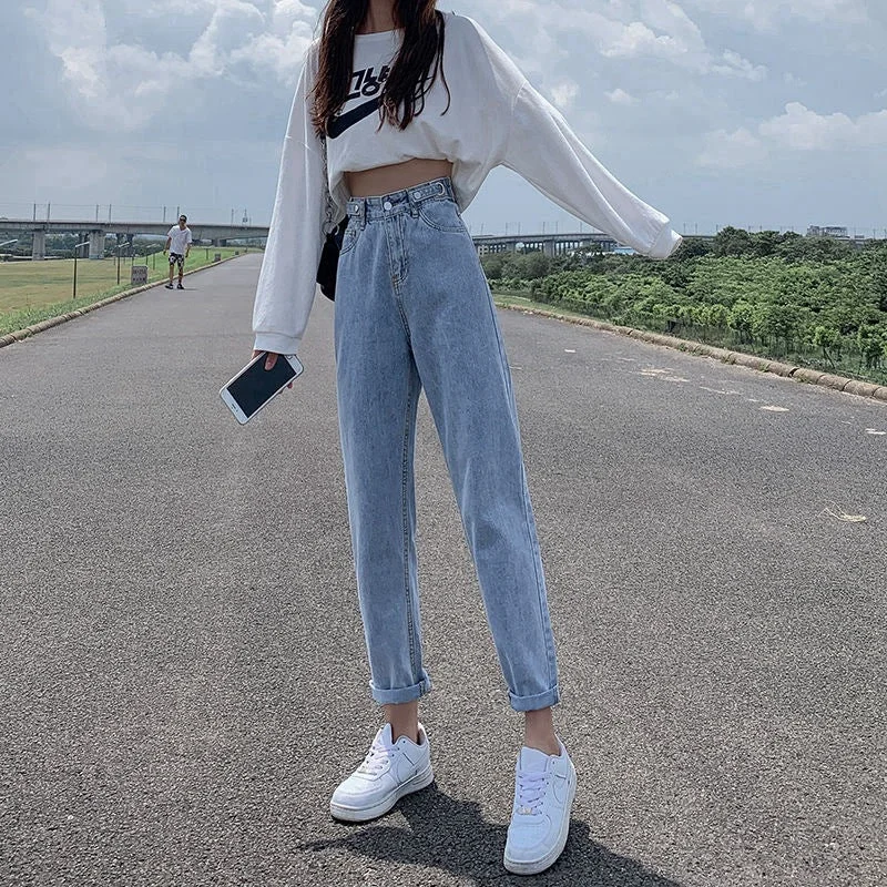 NiDELL High Waist Jeans for Women . New Autumn Women's Clothing Slimming Versatile Loose Straight Dad Tappered Harem Pants