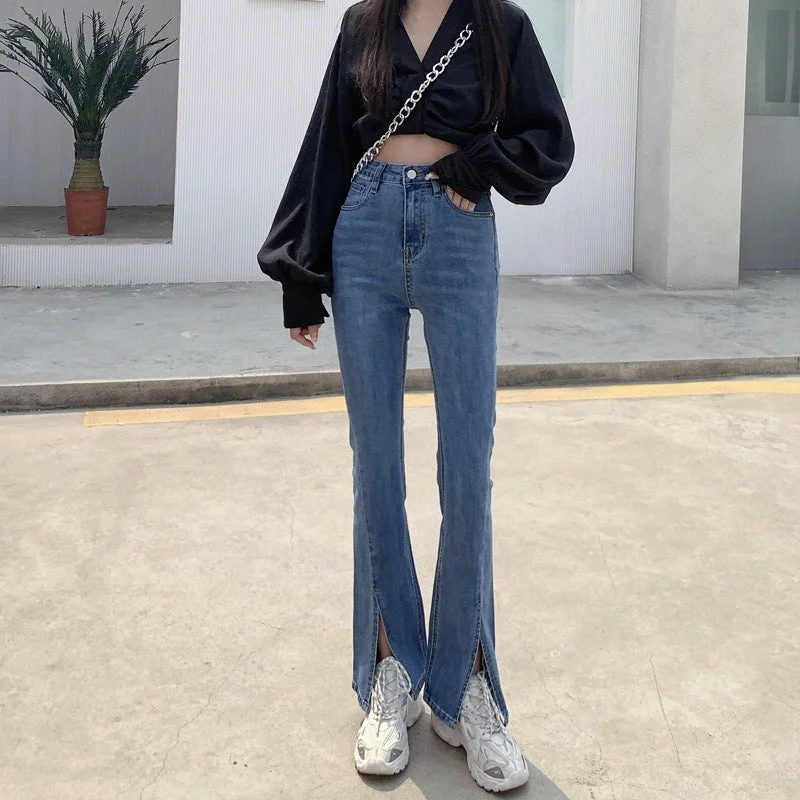 NiDELL High Waist Slit Jeans Women's Spring, Autumn and Summer Chic Straight Stretch Slim Wide Leg Mopping Fork Bootcut Pants