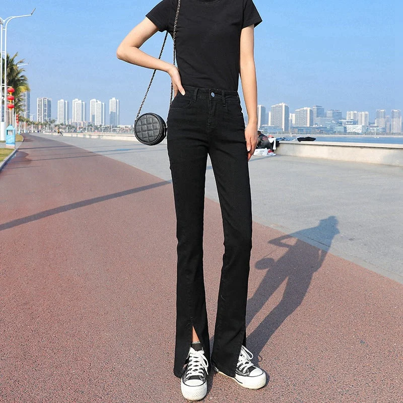 NiDELL High Waist Stretch Jeans for Women . New Korean Style Skinny Slimming Small Wide Leg Mopping Split Flared Pants