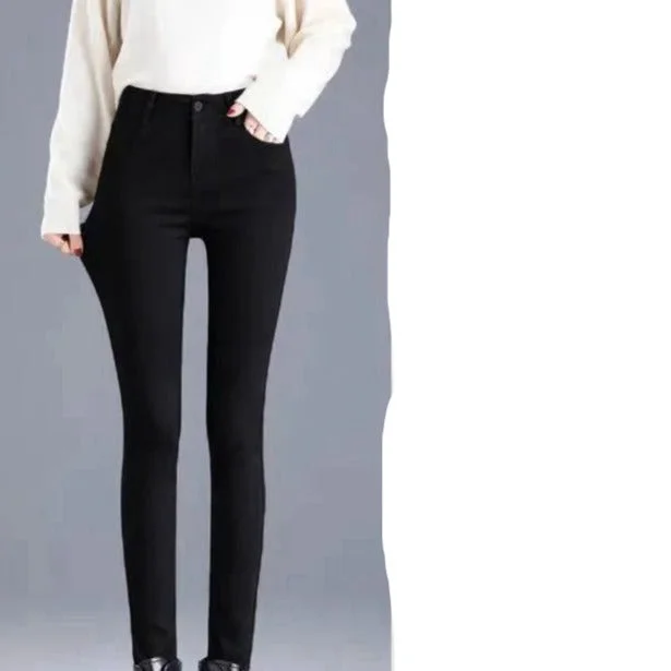 NiDELL High Waist Velvet Padded Jeans Women's Winter . New Black Slimming Thickened Warm Pencil Outer Match Skinny Pants