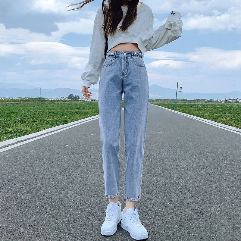 NiDELL Internet Celebrity Thin Adjustable High Waist Jeans Female Summer New Korean Style Wide Leg Cropped Straight Tappered Harem Pants Fashion