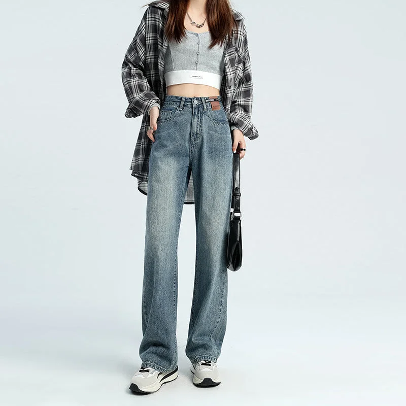 NiDELL Korean Style Jeans Women Vintage Labeling High Waist Straight Loose Design Casual Draping Effect Wide Leg Mop Pants