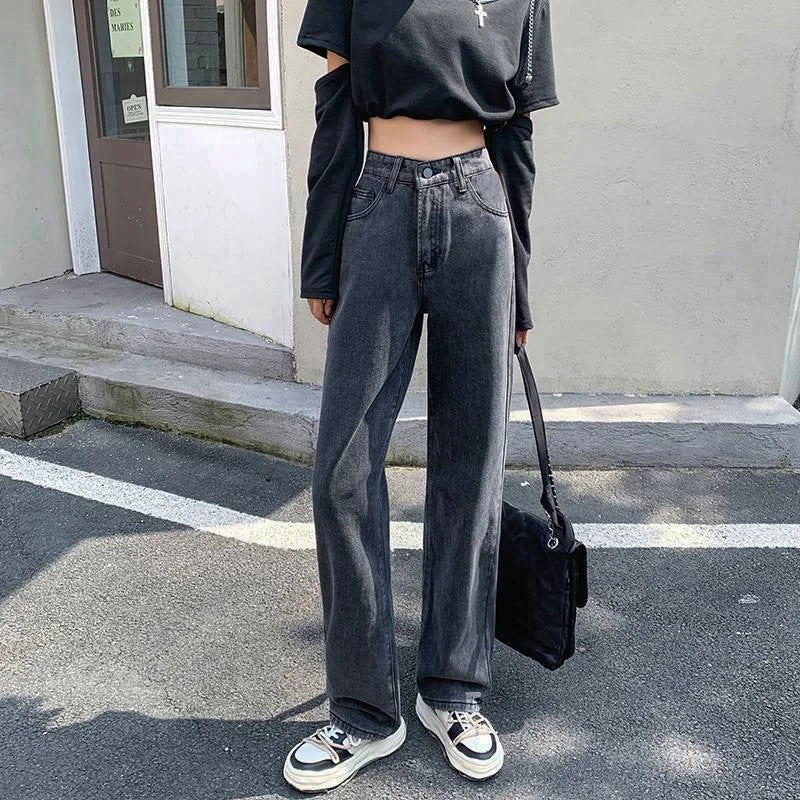 NiDELL Korean Style Jeans Women's Summer and Autumn . New High Waist Loose Straight Drooping Casual Plump Girls Wide-Leg Pants