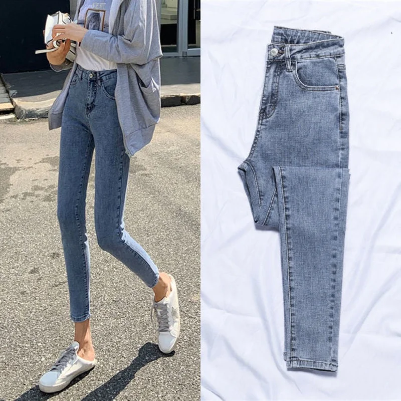 NiDELL Korean Style Jeans Women's Summer . New Light Color High Waist Slim Fit All-Match Tight Slim-Fit Ankle-Length Pants Fashion