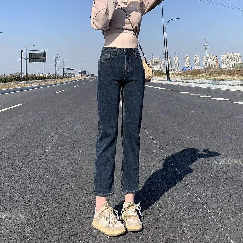 NiDELL Large Size Blue Gray Straight Jeans for Women Spring . New Internet Celebrity High Waist Stretch All-Matching Ankle-Length Cigarette Pants