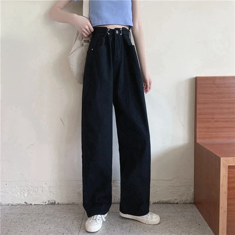 NiDELL Light-Colored Jeans Women's Adjustable Belt Buckle High Waist Straight Vibe Style Wide-Leg Pants Loose Slimming Draping Mopping Pants