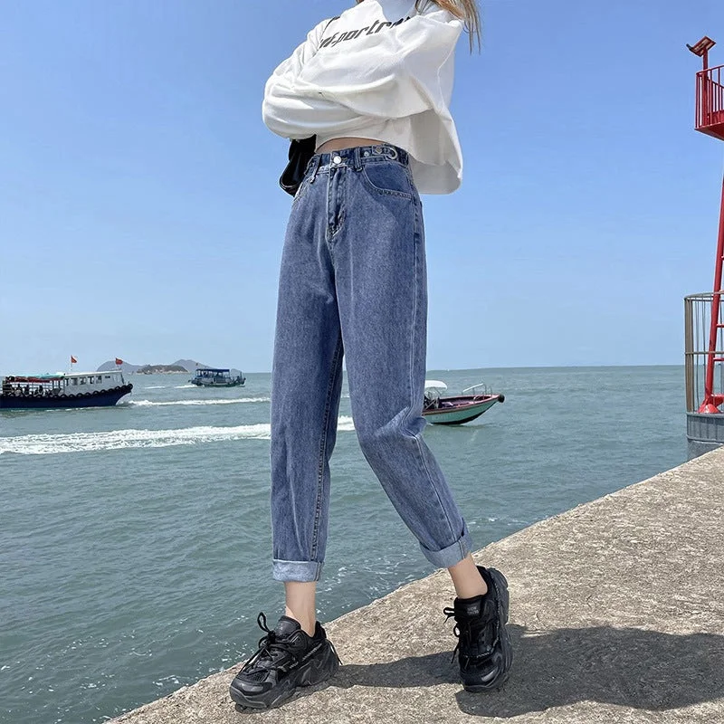 NiDELL Light-Colored Jeans Women's Straight Loose Harem Pants . New Korean Style High Waist Slimming Radish Daddy Pants Tide