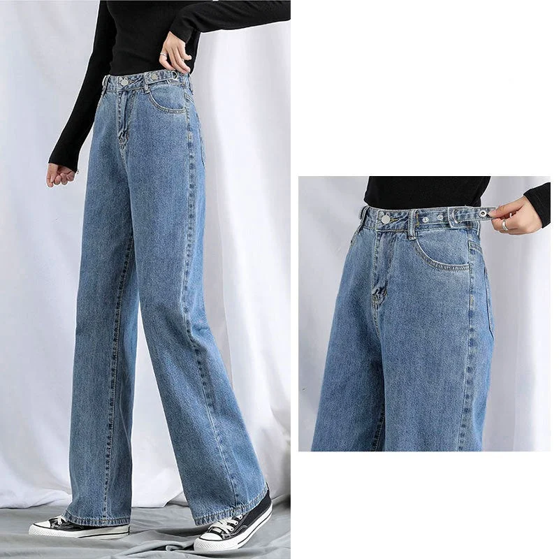 NiDELL Niche Adjustable Draping Effect Mop Pants Loose Buckle Design High Waist Outerwear Retro Wide Leg Straight Jeans for Women