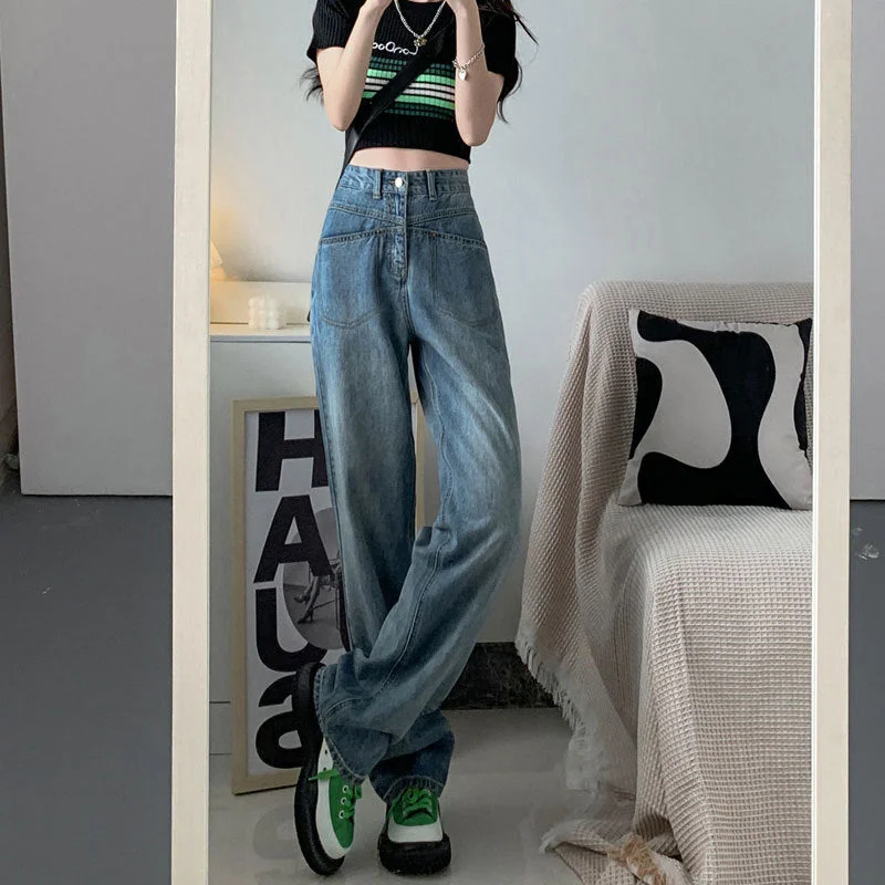 NiDELL Niche Design Front Pocket Wide Leg Jeans Women's Large Size Plump Girls High Waist Straight Loose Mop Pants Tide