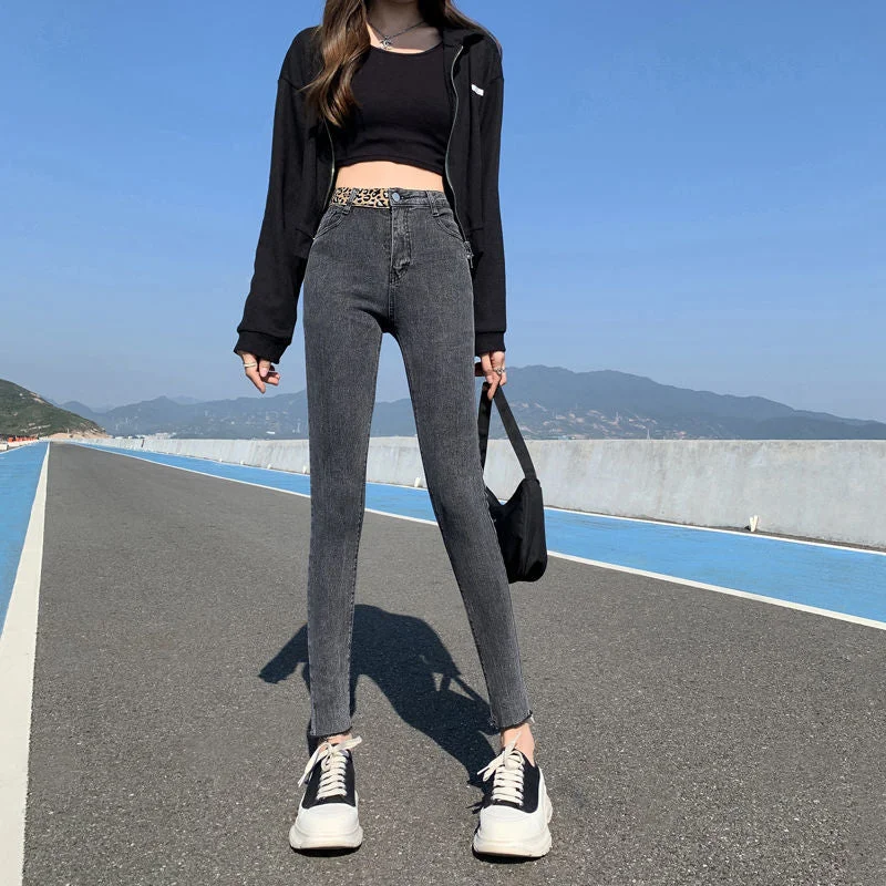 NiDELL Real Shot Leopard Splicing Jeans Women's New Smoky Gray High Waist Tight Stretch Ankle-Length Frayed Hem Skinny Pants