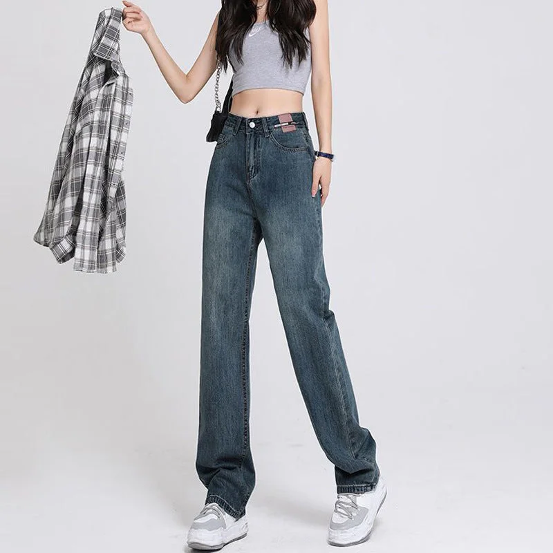 NiDELL Retro High Waist Straight Jeans Women's Design Labeling Loose Autumn and Winter Versatile Vibe Style Wide Leg Mop Pants