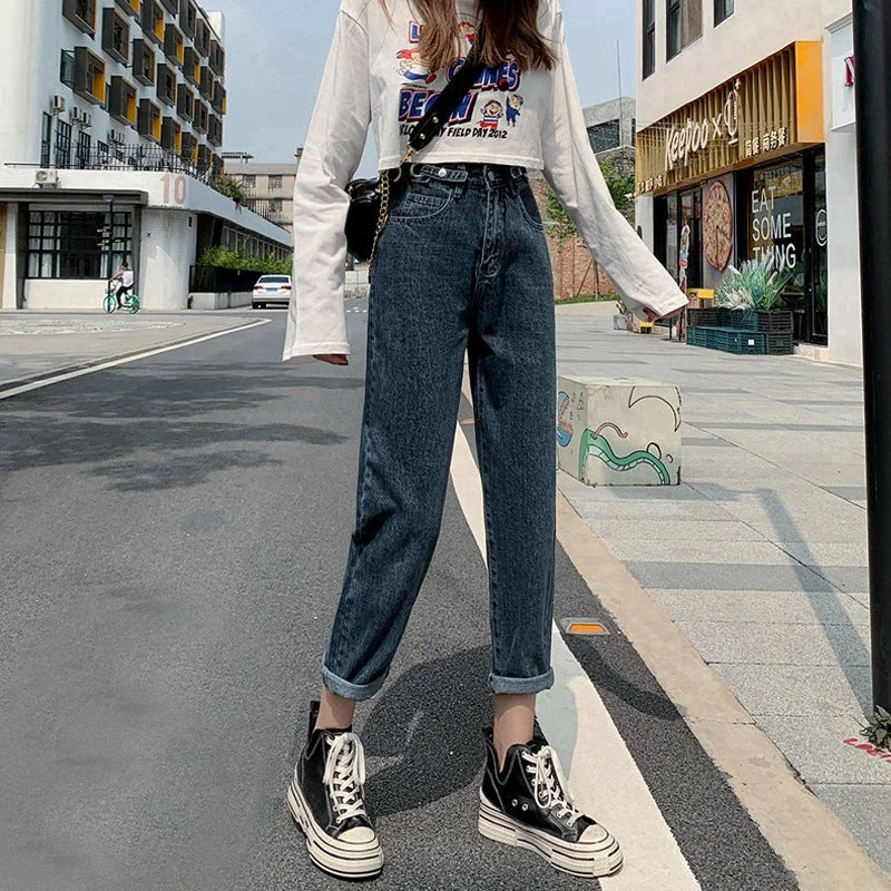 NiDELL Salt High Waist Jeans for Women Spring and Autumn . New Style Daddy Slimming Loose Small Cropped Tappered Harem Pants