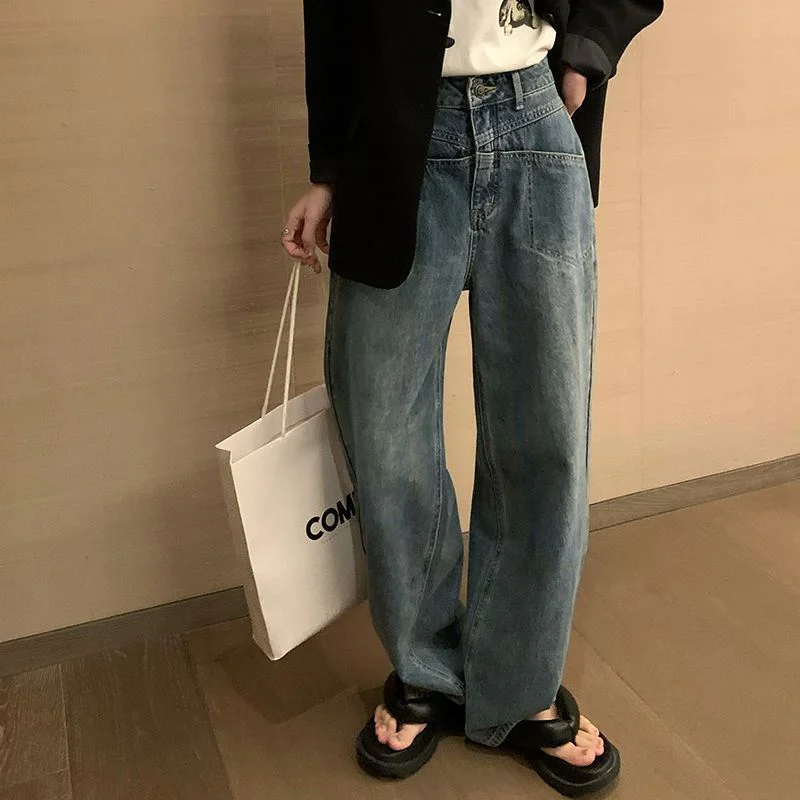 NiDELL Spring and Summer Personalized Split Pocket Design Straight High Waist Retro Casual Wide Leg Jeans Mop Pants Women