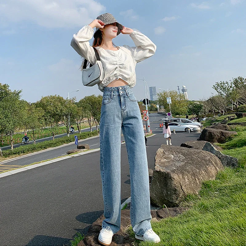 NiDELL Spring, Autumn and Summer Vintage Vibe Style Korean Style Wide Leg Jeans Women's Double Buckle High Waist Straight Loose Drooping Mop Pants