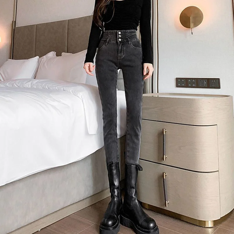 NiDELL Ultra High Waist Black Gray Jeans Women's Autumn and Winter Three Button Stretch Hip Lift Pencil Pants Slim Fit Ankle-Length Slim-Fit Pants