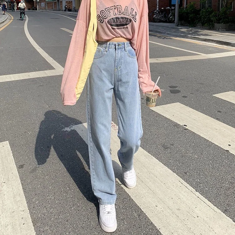 NiDELL Wide-Leg Pants Korean Style High Waist Loose Drooping Spring . New Black Gray Mopping Slimming and Straight Jeans for Women