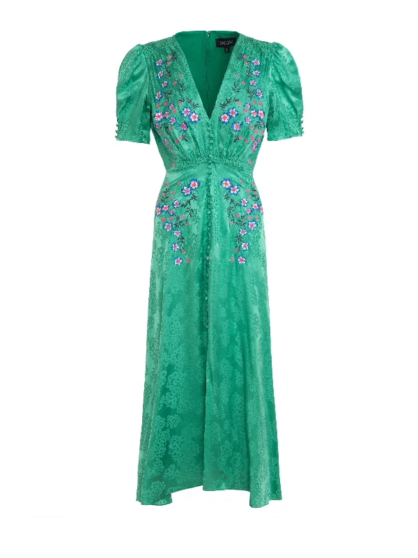 Lea Dress in Kelly Green Embroidered