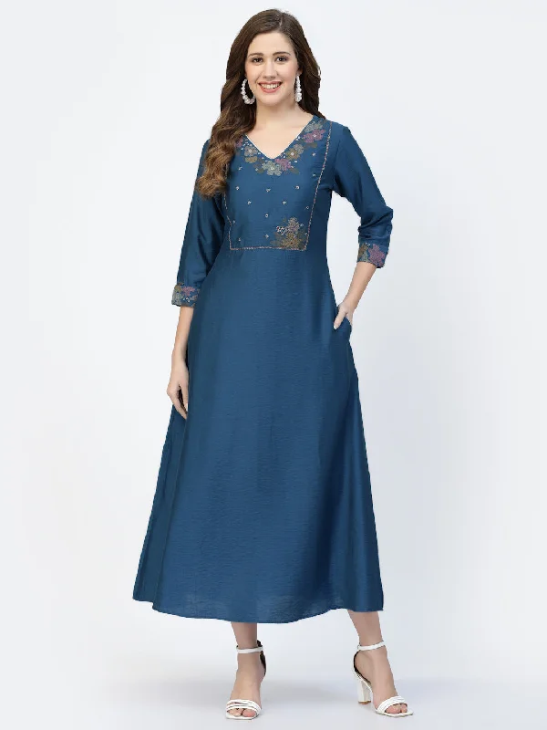 Navy Blue Viscose Silk Embroidered Work Dress