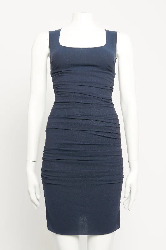 Silk Navy Gathered Preowned Dress