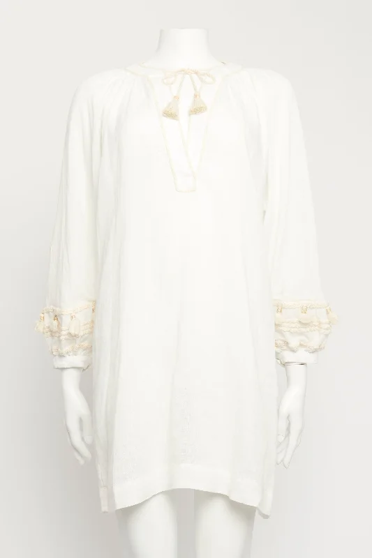 Tansania Sun Tassled Embroiderd Linen Preowned Dress