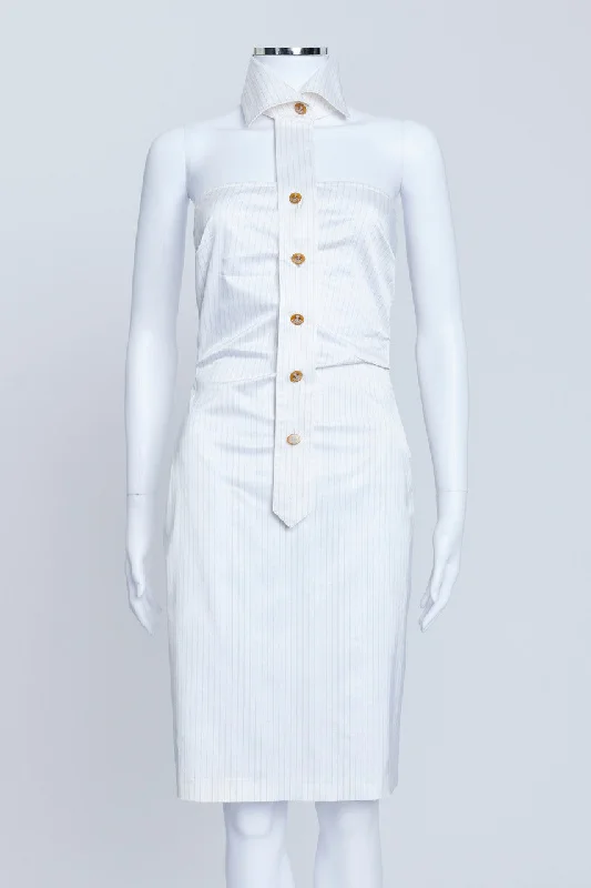 White Cotton Pinstripe Strapless Dress With Collar