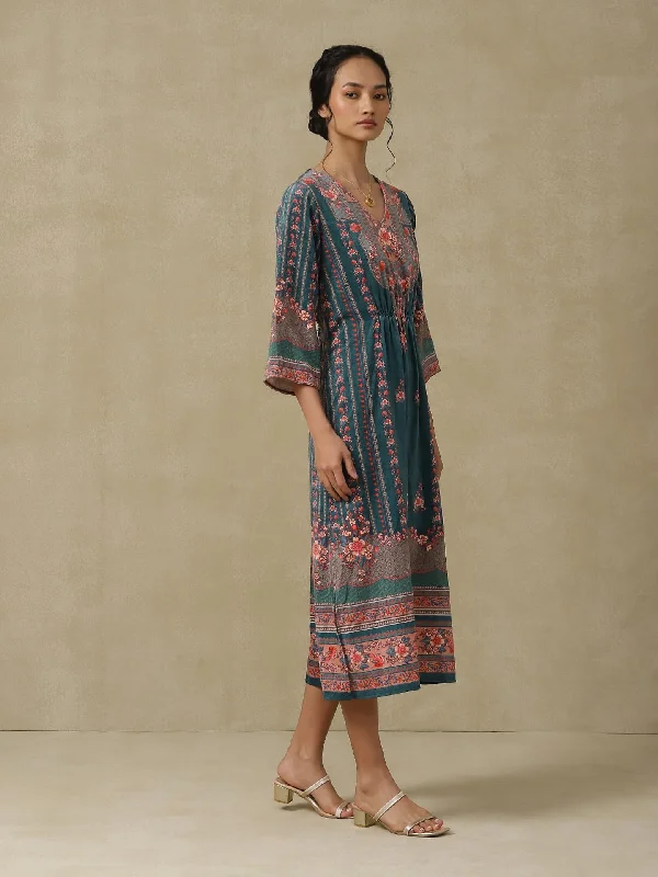 Aarke Ritu Kumar Teal Printed Kaftan Dress