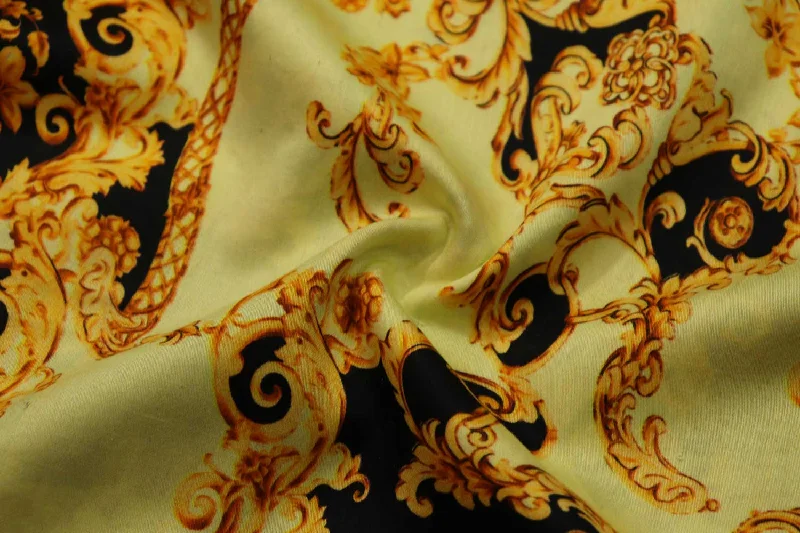 Black and Golden Yellow Traditional Printed Cotton Satin Fabric