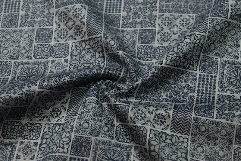 Dark Blue and Gray Traditional Printed Cotton Satin Fabric