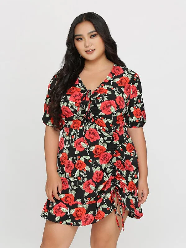 Drawstring Knot Floral Dress