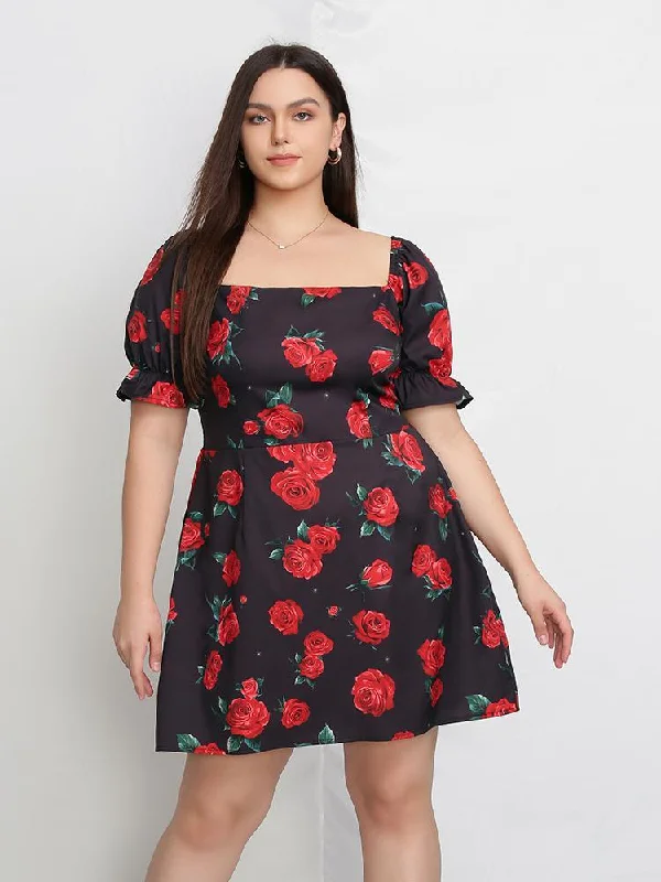 Floral Lantern Sleeve Dress