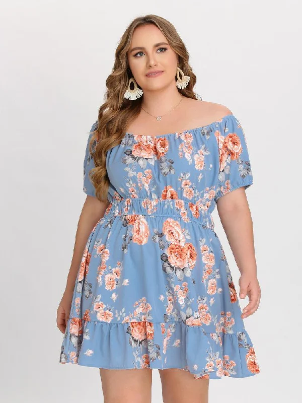 Floral Off Shoulder Shirred Dress