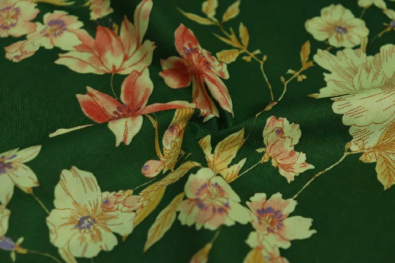 Green Floral Printed Cotton Cambric Fabric