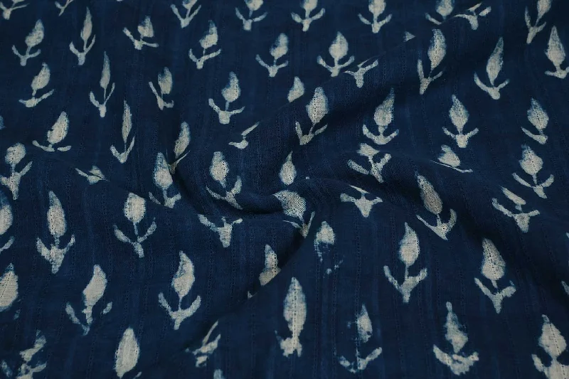 Indigo Blue Motifs Cotton Dobby Printed Fabric