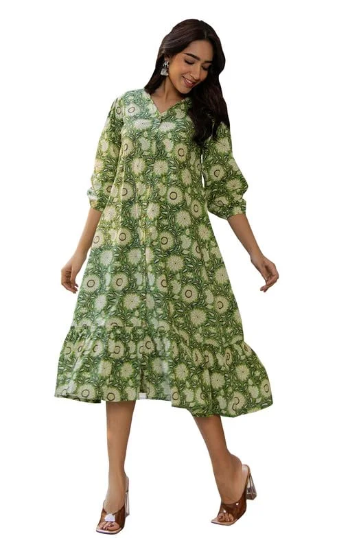 Janasya Women's Green Cotton Floral A-Line Dress(JAA24DR00102-L)