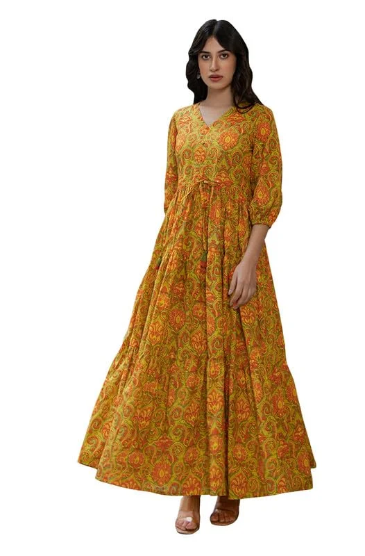 Janasya Women's Green Cotton Printed Tiered Dress(JNE4411-DR-3XL)