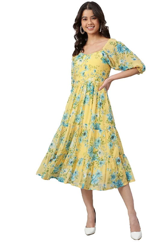 Janasya Women's Yellow Georgette Floral Printed Flared Western Dress(J0433-DR-J-S)