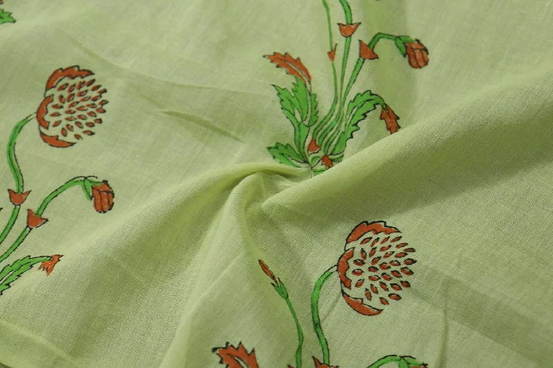 Light Green Floral Block Printed Cotton Fabric