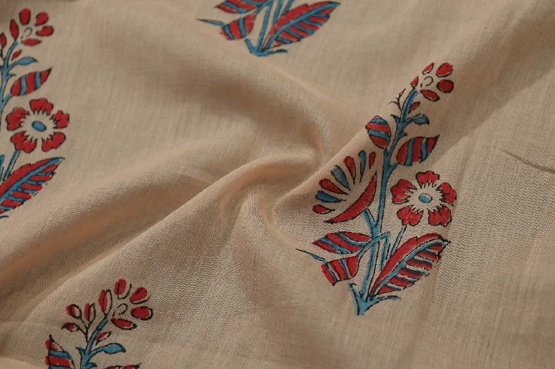 Light Peach Motifs Block Printed Cotton Fabric