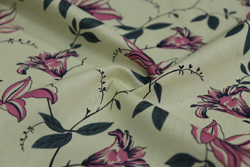 Light Yellow & Pink Floral Printed Cotton Cambric Fabric