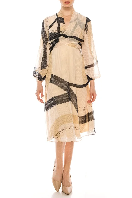 London Times T5660M - Long Sleeve Abstract Print Chiffon Dress