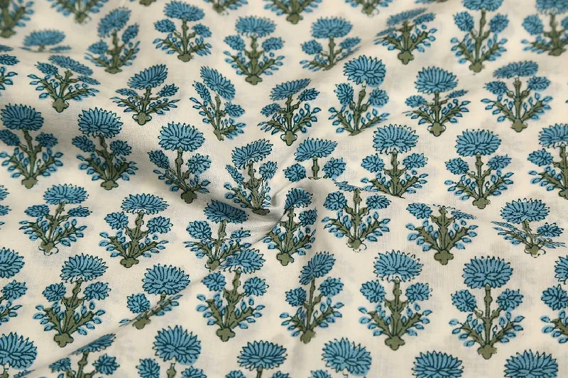 Off White and Light Teal Blue Floral Cotton Cambric Fabric